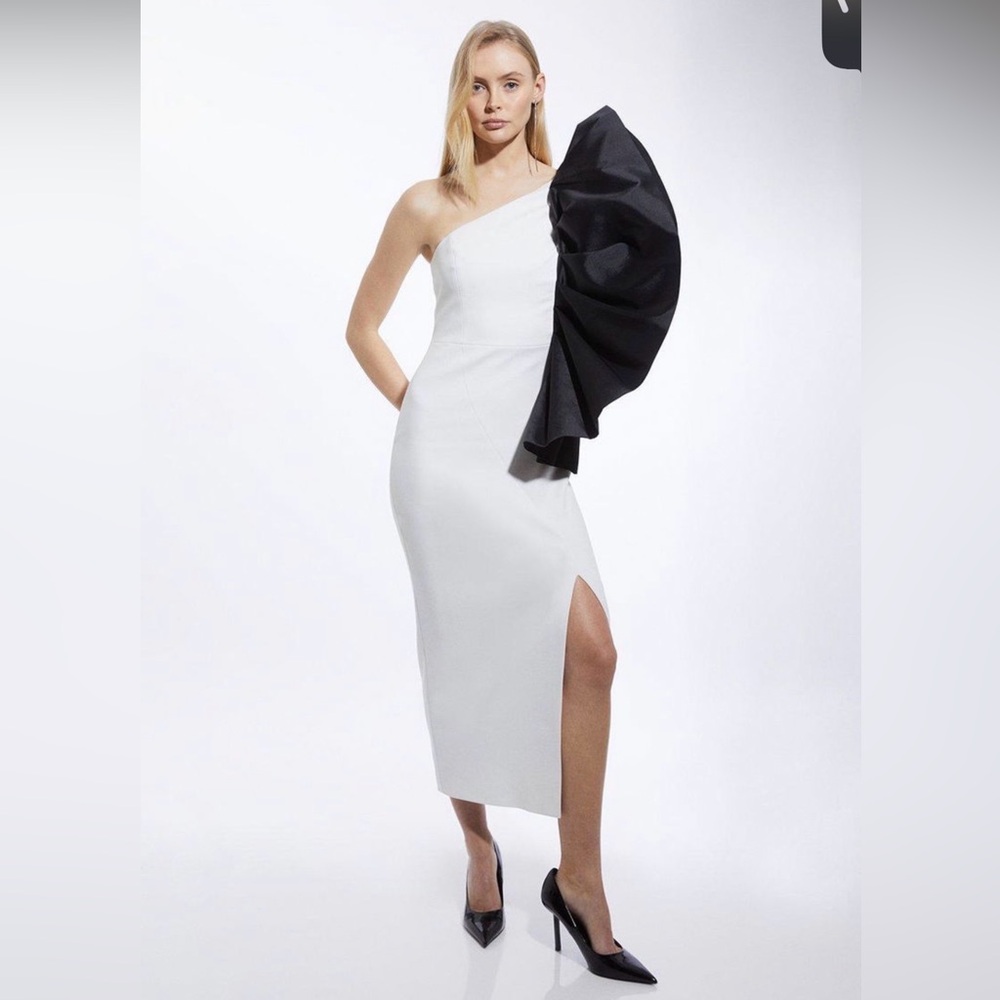 Karen Millen White and Black One-Shoulder Midi Dress